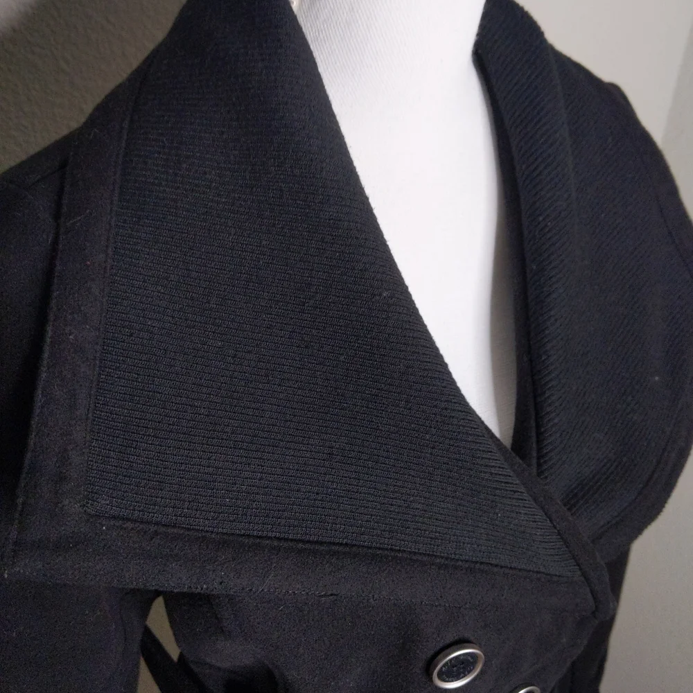 G by Guess Black Peacoat Women’s Large | Oversized Collar Belted Wool Blend Coat - Picture 4 of 10